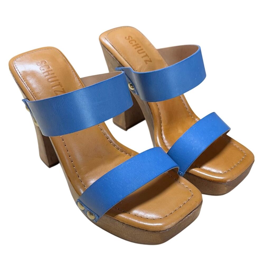 Schutz Wooden Bottom Heeled Sandals Aryana Blue Women's Size 5B New in Box